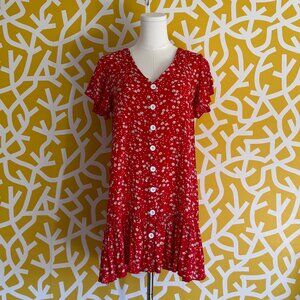 Red White Floral Print Dandelions Short Mini Button Shift Dress - Small